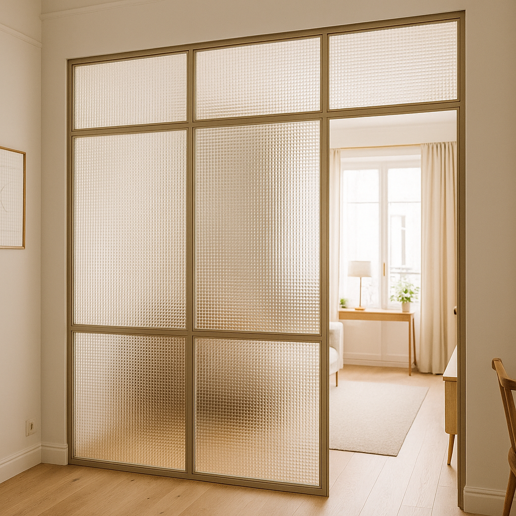 Verrière atelier avec verre imprimé Listral 130 petits carreaux